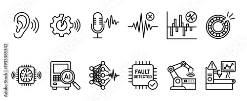 Predictive maintenance and fault detection line icon set with symbols for acoustic analysis, AI, and industrial condition monitoring, isolated on a white background