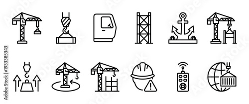 Set of crane and construction line icons for industrial and logistics themes, featuring tower cranes, hooks, safety helmets, and global shipping symbols, isolated on white background
