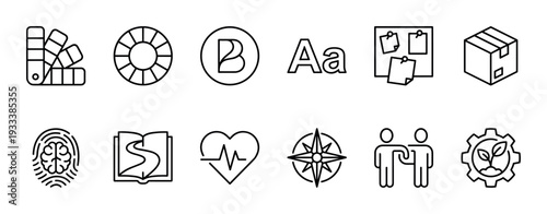 Set of black thin line icons for branding and corporate identity, including color swatch, typography, logo, and core values symbols like heart and compass, isolated on white