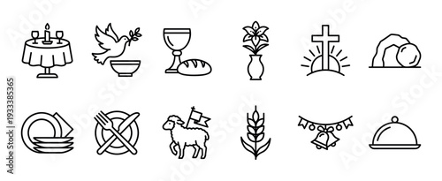 Set of black line art Christian icons for the Easter holiday, including a cross, empty tomb, lamb, dove, and communion symbols, in a minimalist style isolated on white
