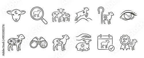 Collection of cute lamb and sheep line art icons in a minimalist style representing various concepts like love, care, zodiac, and winning, isolated on a white background