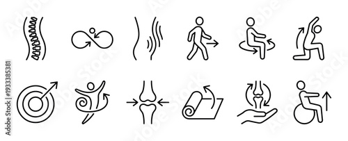 Physiotherapy and rehabilitation thin line icon set representing spine health, joint pain, exercise, stretching, and recovery from injury, isolated on a white background