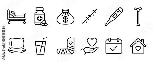 Set of medical and healthcare line icons including a hospital bed, medicine, thermometer, and broken leg cast representing sickness and recovery concepts, isolated on a white background