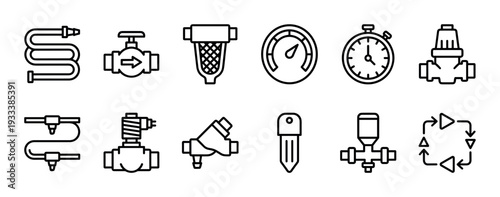 Irrigation system line icons set featuring various plumbing and watering components like valves, filters, timers, and sprinklers for garden automation, isolated on white background