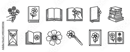 Black and white line art icon set featuring books, flowers, a bookmark, and an hourglass, a minimalist collection of vector symbols for reading and nature themes isolated on white
