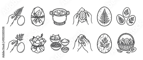 Black and white line art illustrations showing the process of dyeing Easter eggs with natural onion skin dye and plant leaves, a step-by-step tutorial isolated on white background