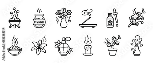 Set of black line art icons representing aromatherapy, fragrance, and wellness concepts, including incense, essential oil, perfume, candle, and flowers, isolated on a white background