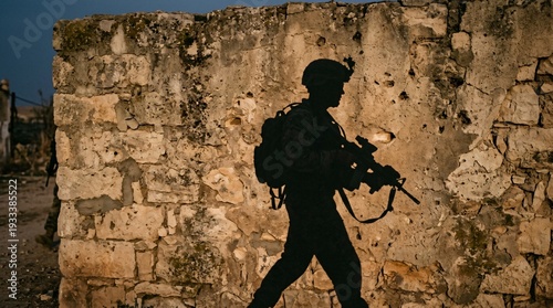 Silhouette of Soldier on Guard Duty During Intense Combat Warfare in Battle Zone