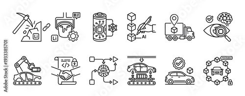 Set of black line art icons illustrating the electric vehicle battery supply chain, from lithium mining and robotic manufacturing to AI logistics and blockchain traceability, isolated on white