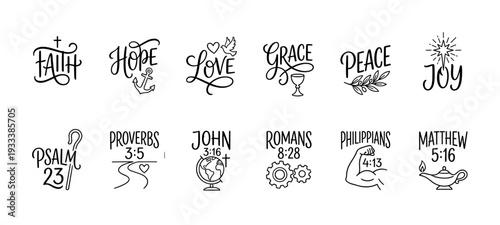 Christian hand lettering vector icon set with inspirational words like faith, hope, love, and popular Bible verses with symbols, isolated on a white background