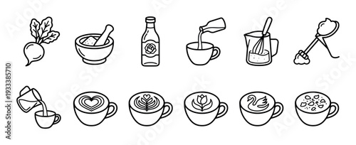 Set of coffee making and latte art icons in a simple black and white line art style showing ingredients, preparation steps, and various foam designs isolated on white