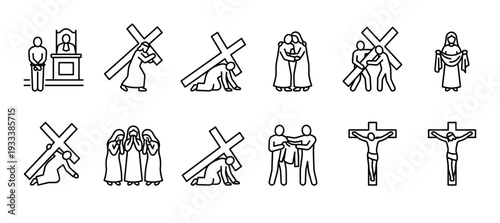 Stations of the Cross icon set showing the Passion narrative in a minimalist black line art style, depicting the biblical story of suffering and crucifixion isolated on a white background