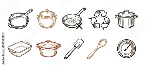 Hand-drawn kitchenware and cookware safety icons set in a vintage sketch style showing pots, pans, utensils, and symbols for safe cooking and recycling, isolated on a white background