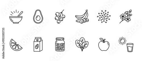 Set of healthy food and breakfast icons in a minimalist line art style showing various ingredients like fruit, vegetables, and grains isolated on a white background
