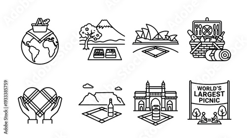 Set of black line art picnic icons depicting outdoor dining, global travel, and leisure with famous landmarks, food baskets, and a heart symbol, isolated on white background