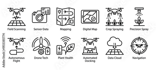 Agricultural drone technology line icon set for smart farming, illustrating field scanning, mapping, crop spraying, and autonomous flight in a minimalist vector style isolated on white