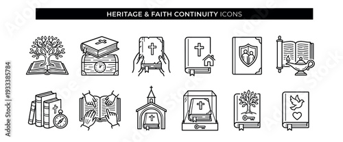 Set of religious line icons illustrating faith, heritage, and continuity with symbols like the bible, church, cross, and tree of life, drawn in a minimal black and white style