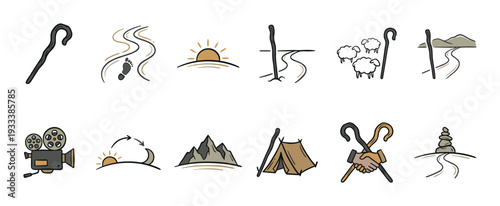 Set of hand-drawn doodle style icons depicting a journey or pilgrimage with symbols like a path, mountains, sheep, tent, and a vintage camera, all isolated on a white background