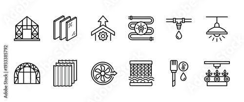 Greenhouse equipment and smart farming line icon set with ventilation, irrigation, heating, and lighting systems for modern agriculture, a collection of minimalist outline vector symbols