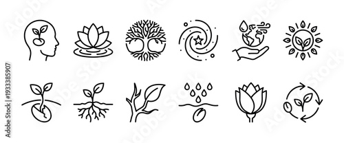 Set of black thin line icons representing nature, growth, spirituality, and ecology, including tree of life, lotus, and planet symbols, isolated on a white background