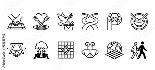 Set of twelve black line icons representing community, peace, sharing, and togetherness, including symbols like handshake, dove, and shared meals, isolated on a white background