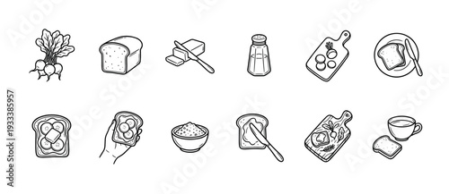 Set of hand-drawn breakfast food icons including bread, butter, radish, and coffee in a simple black and white line art doodle style, isolated on a white background