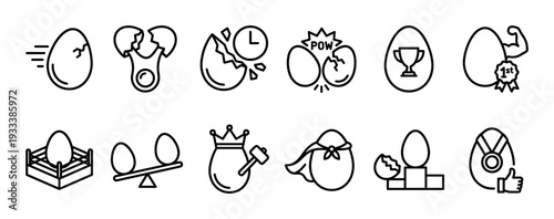 Set of black outline egg icons representing various concepts like competition, winning, failure, and strength in a minimalist vector style, isolated on a white background