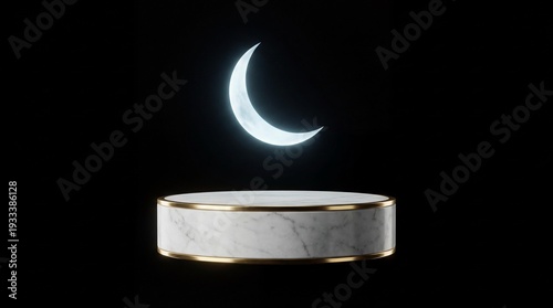 The Futuristic Glow Shines on a Marble Pedestal under the Crescent Moon
