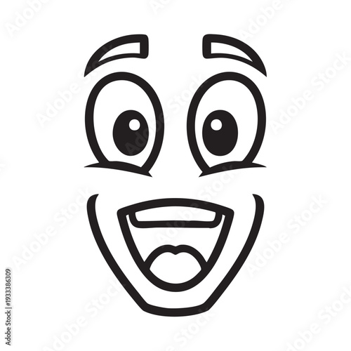 A simplified cartoon face with an exaggerated smile and wide eyes in a minimalist illustration viewed straight on