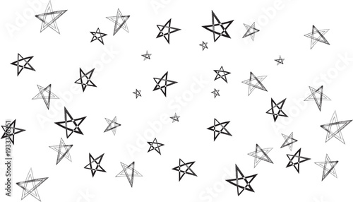 Scattered geometric stars in a monochromatic pattern across a plain background Vector illustration