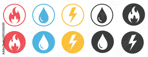 Gas, water, and electricity icon collection featuring public utility service symbols, including thunderbolt lightning, water drop, and fire sign, vector
