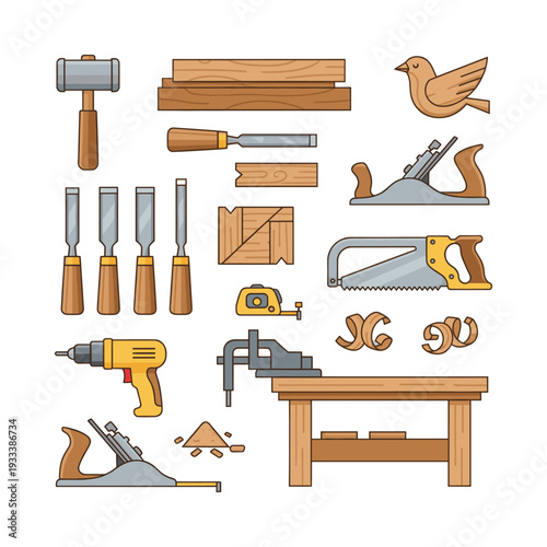 Woodworking tools set and materials, showing chisels, hammer, saws, planes, vise, workbench, wood planks and sawdust