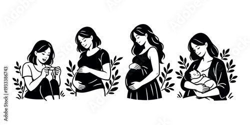 Woman experiencing different stages of motherhood, including a positive pregnancy test, varying prenatal care, and being a new mom holding a baby