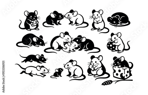 Mice collection showing cute cartoon rodents in different poses including eating cheese, playing, running, and sleeping