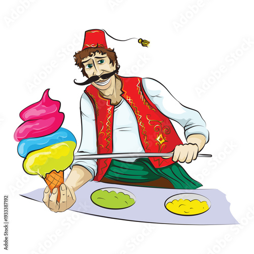 Funny smiling men with Turkish folk dress for ice cream, Dondurma