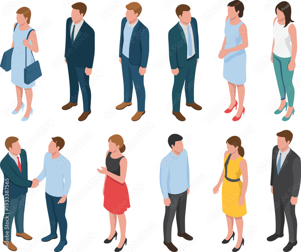 Obraz premium Diverse Business People Character Set Vector Illustration with Men and Women Standing and Handshake Interaction Isolated on White Background
