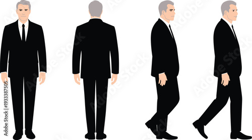 Confident Senior Businessman Character Vector Illustration Showing Front Back Side and Walking Views Isolated on White Background