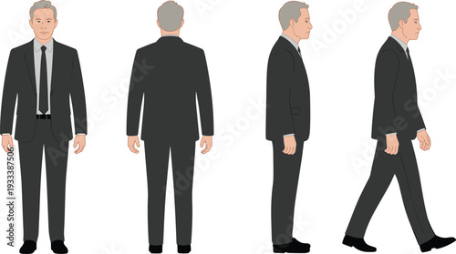 Corporate Businessman Character Turnaround Vector Illustration with Front Back Side and Walking Views Isolated on White Background