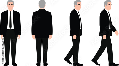 Senior Businessman Character Vector Illustration Showing Front Back Side and Walking Views Isolated on White Background