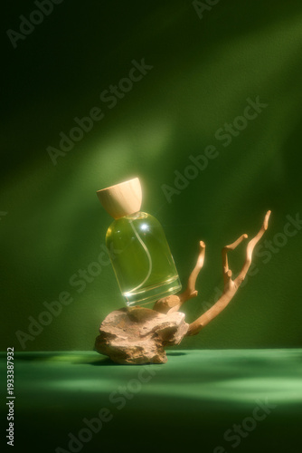 An elegant perfume bottle displayed on a natural wooden