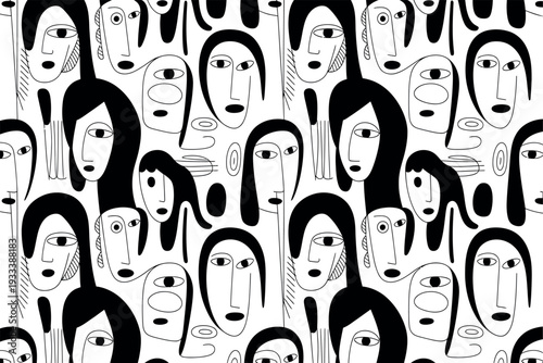 A seamless pattern is composed of various abstract, hand-drawn faces. The black and white line art features exaggerated eyes and unique facial structures reminiscent of cubism.
