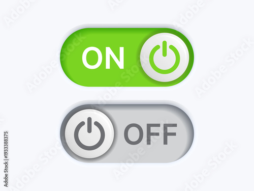 3D On Off Toggle Switch Buttons Set – Green and Grey Power UI Icons Material Design Vector Illustration