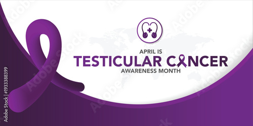 Testicular Cancer Awareness Month banner. Purple ribbon brush stroke circle frame typographic poster. Symbol of the fight against testicular cancer.