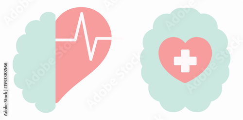 Mental health, wellness, emotion, brain, heart, heartbeat, feeling, doctor, mind, health, emergency. Medicine, psychology, treatment, therapy, cure. Icon, illustration, vector
