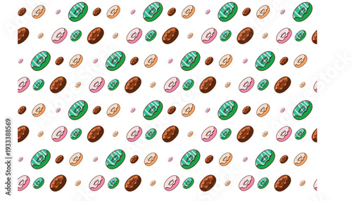 Assorted Tasty Sweet Donuts with Different Fillings and icing on a transparent seamless pattern Background. Delicious Bakery Hand Drawn Minimalist colorful Dessert Icon Set