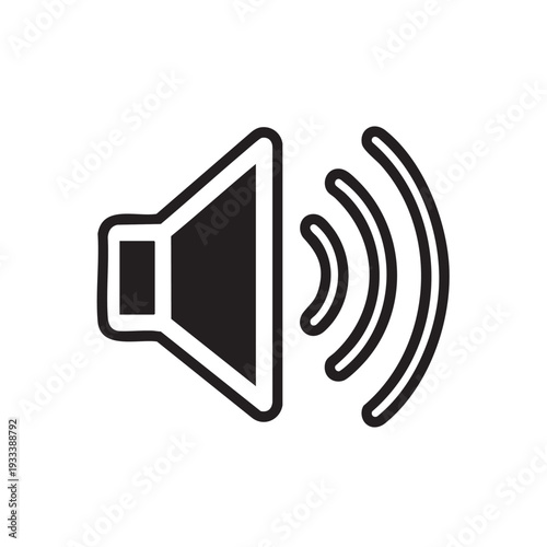 Simple black and white illustration of a speaker emitting sound waves in a clean and minimalist style