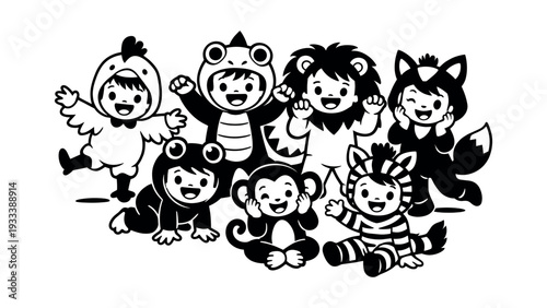 Happy kindergarten kids group having fun together, dressing up as frog, chicken, lion, fox, monkey and zebra animals