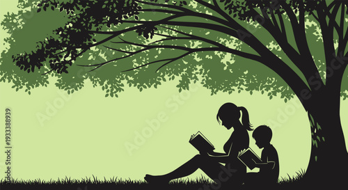 Woman and Child Reading Under Tree.