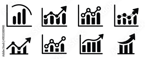 Growth, chart icon set representing business performance, financial increase, profit rise, analytics and statistics symbols, clean modern flat vector design for business, finance, and investment 
