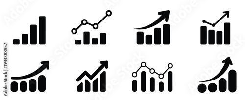 Growth, graph vector icons featuring business chart symbols, financial rise up, increase profit indicators, investment trends, analytics and success concept, modern flat vector